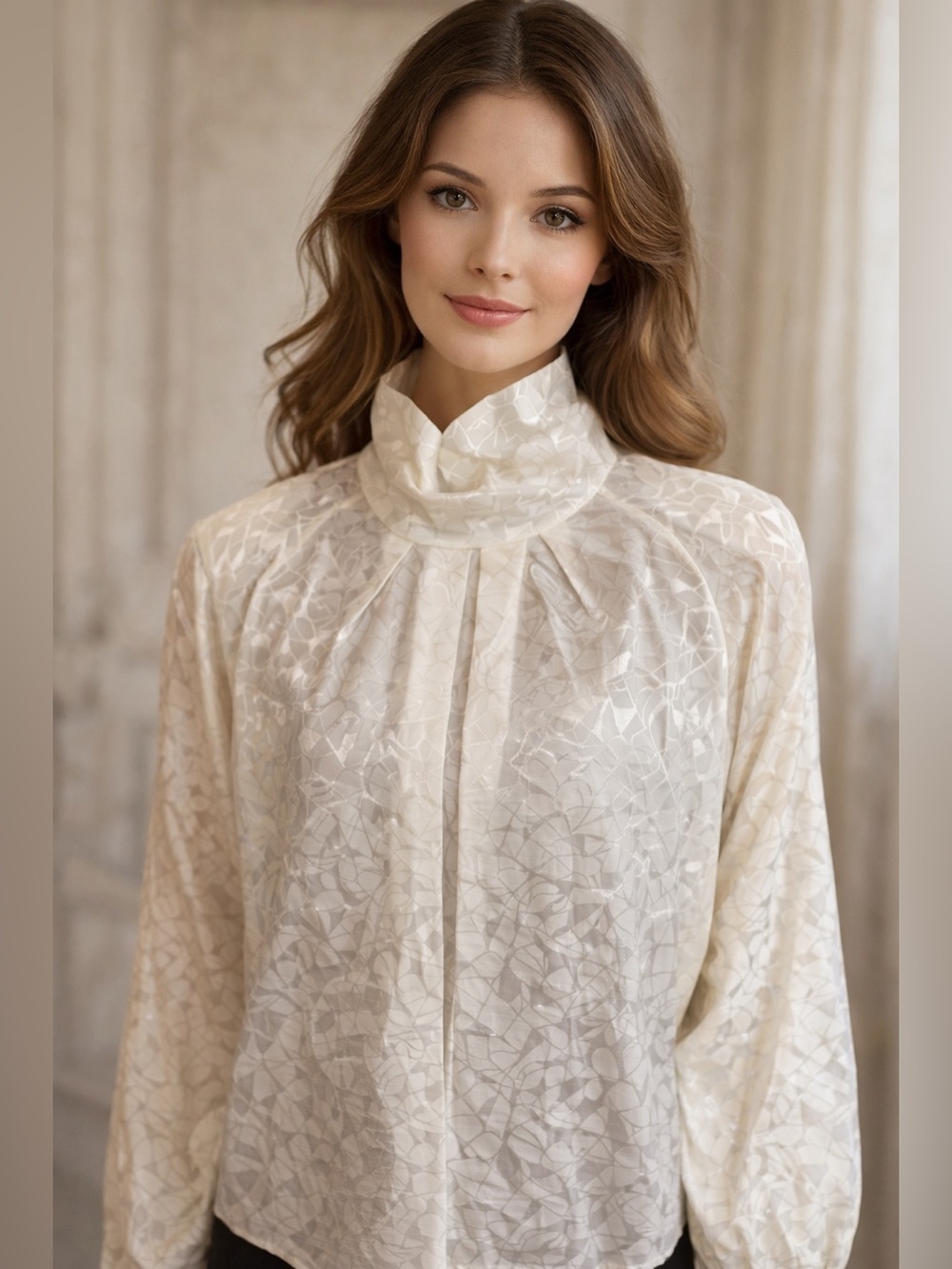 Vintage 70s Turtle Neck Top M/L Blouse Victorian Shoulder Pads Button Back Work